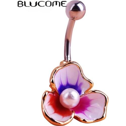 Blucome Enamel Flower Navel Rings Pearl Body Piercings Feminino Umbigo Body Piercing Flower Surgical Steel Tunnels Belly Ring