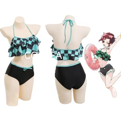 Japanese Anime Demon Slayer Kamado Tanjirou Swimsuit Cospaly Costume Kimetsu no Yaiba Sexy Bikini Beach Swimwear Summer Party