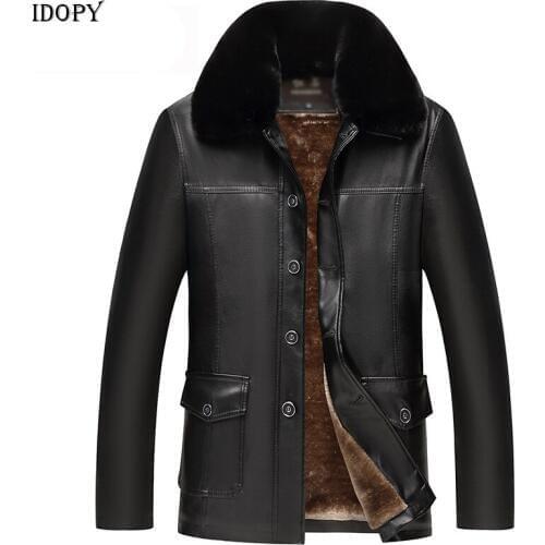 Idopy Men`s Winter Faux Leather Jacket Fleece Lined Plus Size M-4XL Warm Thicken Long Casual PU Jacket and Coat Fur Collar