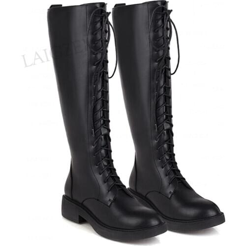 LAIGZEM Women Knee High Boots 4CM Low Heels Side Zip Wide Calf Friendly Faux Leather Ladies Shoes Woman Big Size 33 41 42 43