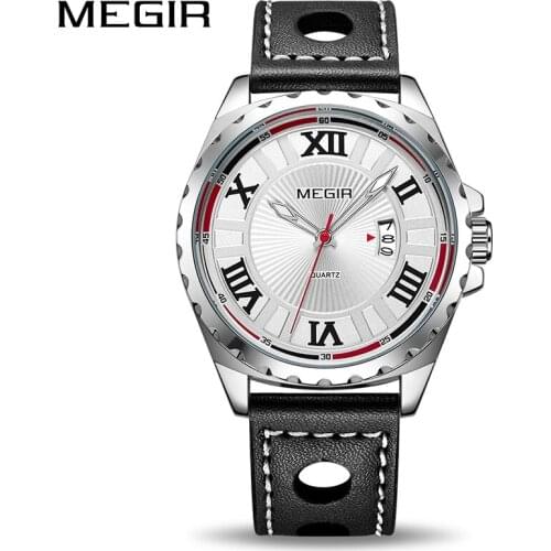 MEGIR Sport Men Watch Top Brand Black PU Band Quartz Watches Men Clock Time Fashion Army Military Wristwatches Erkek Kol Saati