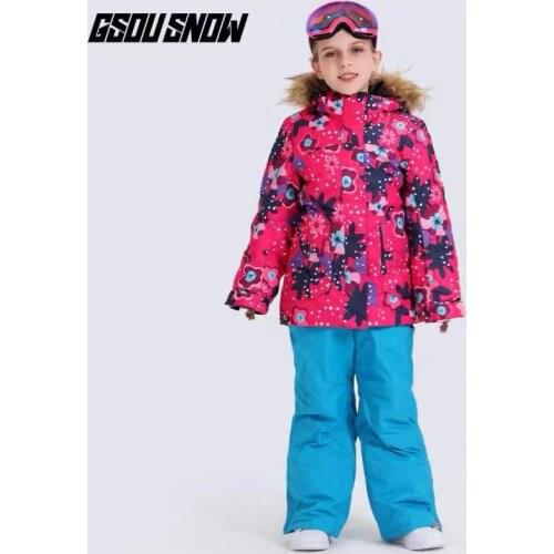 Fur Hooded Kids Ski Suit Snowboard Jacket Pant Skiing Clothing Trouser Windproof Waterproof Outdoor Sport Wear Child Winter Set