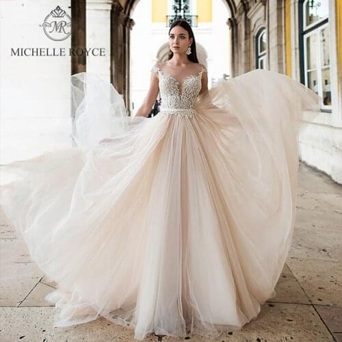 Michelle Royce A-Ling Wedding Dresses 2020 Sexy Deep V-neck Spaghetti Straps Backless Crystal Sashes Button Chapel Train Gowns