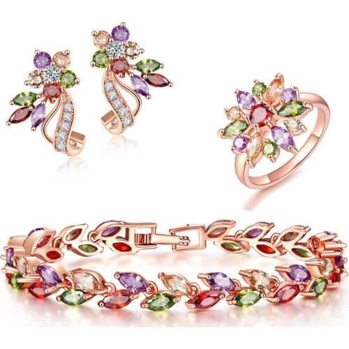 Fashion Mona Lisa Jewelry Set For Women Mixed Color Zircon Rose Gold Color Copper Flower Jewelry For Mother Gift Wedding Bridal