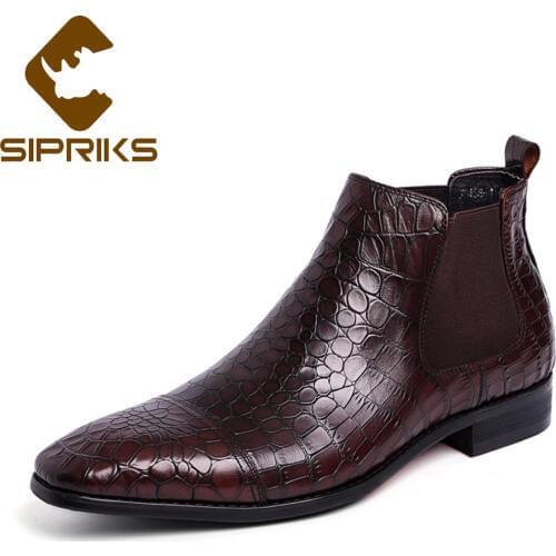 Sipriks Mens Cowboy Boots Imported Dark Brown Leather Chelsea Boots Motorcycle Suit Dress Shoes Stretch Ankle Boot Red Bottom 44