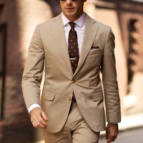 Mens Wedding Suits Two Pieces Khaki Single Breasted Two Button Notch Lapel Slim Fit Stylish Blazer Jackets and Pants Costumes