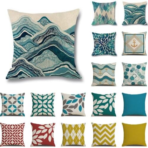 Super Hot Geometric Blue Cushion Cover Ocean Wave Print Linen Pillowcase Modern Nordic Fashion Sofa Seat Bed Throw Pillows Cover