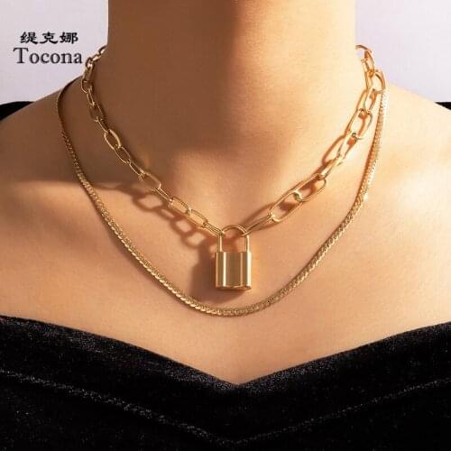 Tocona Bohemian Lock Pendant Necklace for Women Multilayer Clavicle Chain Gold Color Alloy Metal Party Jewelry Gift 17533
