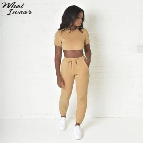 Whatiwear Casual Solid Two Piece Set Women Sheath Stretchy Short Sleeve Crop Top+Bandage Harem-pants Matching Outfits Female