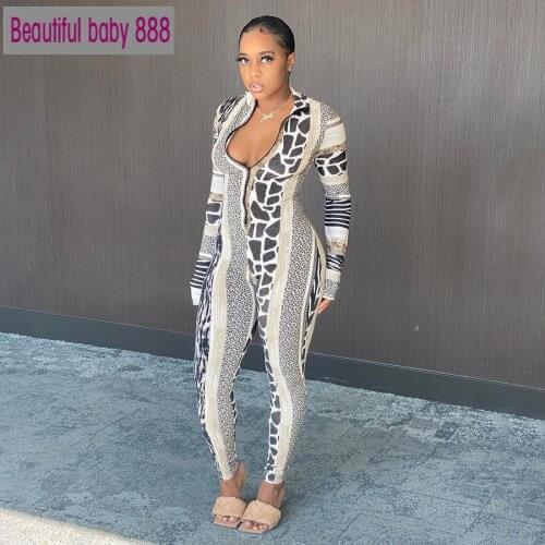 Meqeiss Casual Sporty Stripe Printed Deep V-Neek Jumpsuit Womens Autumn Long Sleeve Pure Workout Zipper Fitness Bodycon Jumpsuit