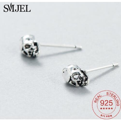 SMJEL 100% 925 Sterling Silver Skull Head Stud Earrings for Women Men Small Skeleton Skull Earrings Piercing Silver Jewelry Gift