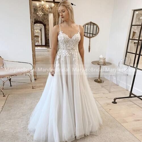 Boho Ivory Appliques Wedding Dress Spaghetti Straps Floor Length Robe De Mariee Tulle Bridal Dresses Custom Lebanon Wedding Gown