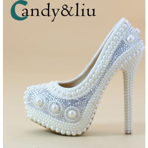 White Pearl Wedding Shoes Super High Heel Round Toe Handmade Crystal Women Pumps with Platform for Party Banquet Bridesmaide
