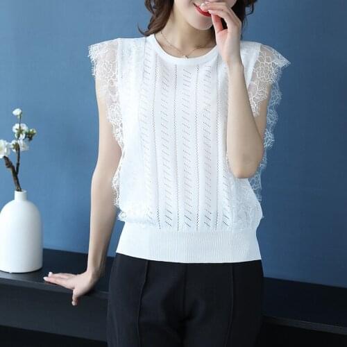 Women lace tops summer female o-neck lace hollow knit blouse shirt sexy sleeveless