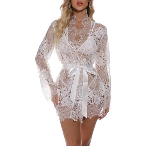 Ladies 3-piece Sexy Lingerie Set Exotic Bra Thong Set Female Underwear Pajamas Long Sleeve Floral Lace Kimono Robe 2021