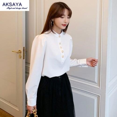 AKSAYA Spring Summer Minority Korean Style Super Temperament Women Long Sleeve Stand Collar Pullover Shirt Fashion White Blouse
