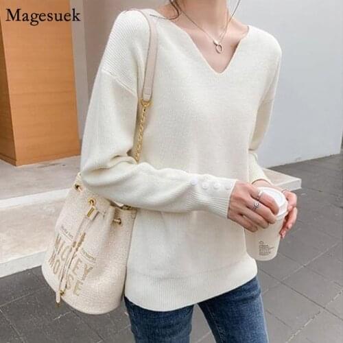 Autumn Winter Loose V-neck Pullover Women Sweaters Casual Long Sleeve Knitted Sweater Women Jumper Women White Sweater 11319
