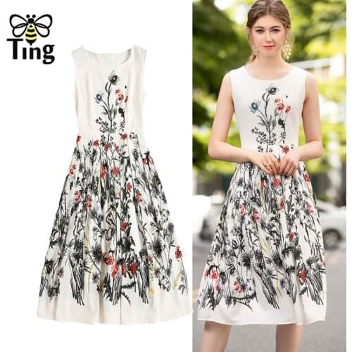 Tingfly 2021 Summer Design Vintage Elegant Floral Print Women Knee Length Dress Casual Sleveless Street Fashion Chic Vestidos Za