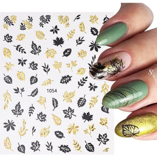 1 sheet Holographics Gold Black Maple Leaves 3D Nail Sticker Autumn Theme Laser Leaf Transfer Decals Slider Nail Art Decoration