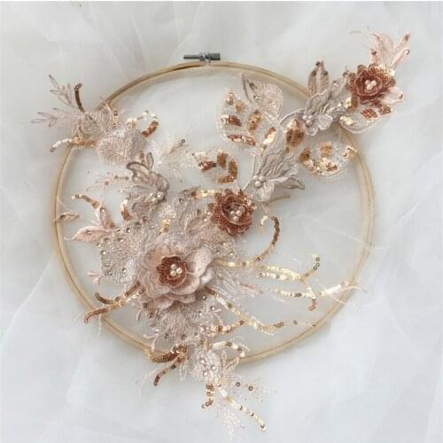 2pieces/Lot 3 Color Beaded Sequins 3D Decals Mirror Flower Lace Evening Dress Front Chest Decoration Accessories