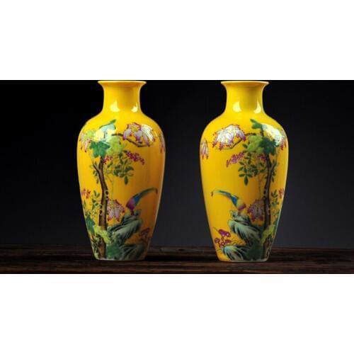 Antique Yellow Color Glazed Porcelain Handpainted Golden Pheasant Enamel Vases Household Furnishing Articles Porcelain Vase