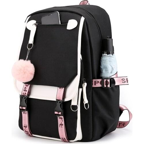 Large Backpack Women School Bags for Teenage Girls Usb Fashion Patchwork Nylon Multifunction Bagpack Youth Backbag Big Black
