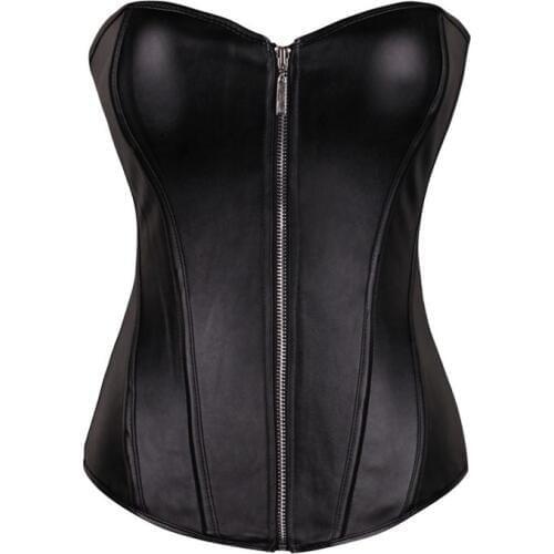 Black Faux Leather Corset Top Steam Punk Style Shapewear Plus Size Boned Gothic Overbust Corselet Women Outwear Zipper Bustier