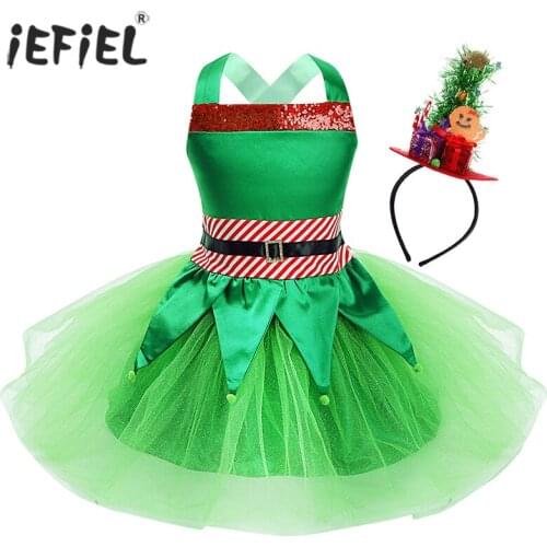 Kids Girls Christmas Xmas Elf Dress Costume Toddler Baby Mesh Tutu Dress Leotard Criss Cross Back Tops Skirt Hair Hoop Outfit