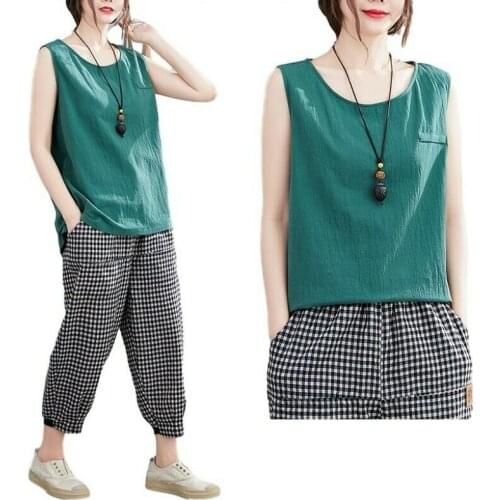 Summer Women Retro Cotton Sleeveless Garment Tops Breathable Loose Fit T B