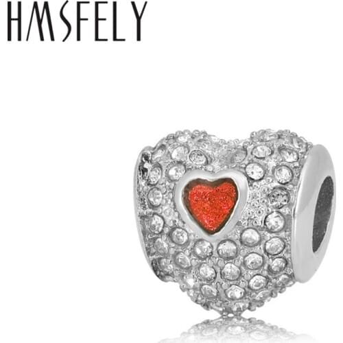 HMSFELY European Big Hole Crystal Heart Bead Accessories For Charm Bracelet Jewelry Making Polished 316l Stainless Steel Beads