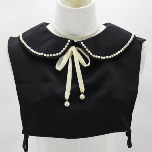 Jaderic 2018 New Black Peter Pan Detachable Collars Imitation Pearl Rimmed False Collar with Ribbon Bow Choker Necklace