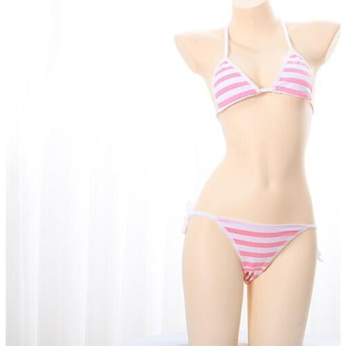 Japanese Sukumizu Cute & Sexy Anime Style Stripe Lingerie Bra Set String Tie Cosplay Lolita Underwear Bikini Bra and Panty Set