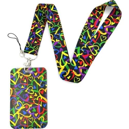 Colorful Heart Love Lanyard Credit Card ID Holder Bag Student Women Travel Card Cover Badge Car Keychain Gifts Accessories