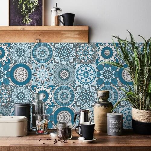 24pcs Blue Mandala pattern Kitchen Stickers Anti-Oil Paste Self-Adhesive Foil Waterproof Bathroom Furniture Bedroom Wall Paper