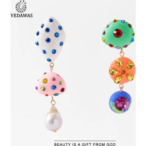 Vedawas ZA Korean Fresh Flower Drop Earrings for Women 2021 Trendy Metal Rhinestone Colorful Hanging Statement Earring Jewelry