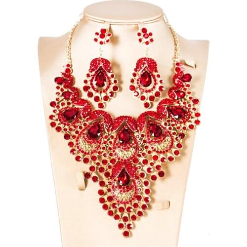 African Rhinestone Statement Bib Collar Necklace Earrings Jewelry Sets Indian Crystal Bridal Wedding Party Gifts Accessories New