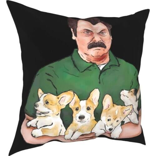 Ron Swanson Holding Corgi Puppies Throw Pillow Cover Polyester Decorative Pillow Dog Cute Animals Pet Customized Cushion Covers