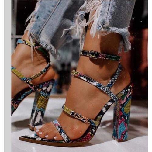 Snakeskin Ankle Strap Chunky Heeled Sandals colorblock open toe casual design sexy party shoes womanshoes 42