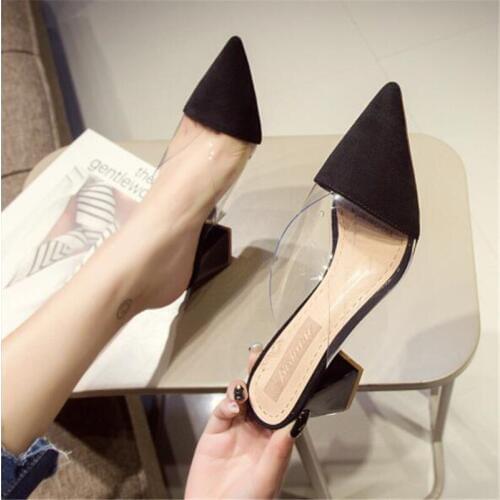 Pointed Toe Suede Square heel High heels Muller slippers women 2020 summer shoes women Fashion Patchwork Shallow ladies shoes