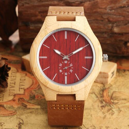 Concise Quartz Analog Mens Wooden Watch Red Dial Custom Wood Watches Fashionable Brown Leather Wristwatch Wooden herren uhren