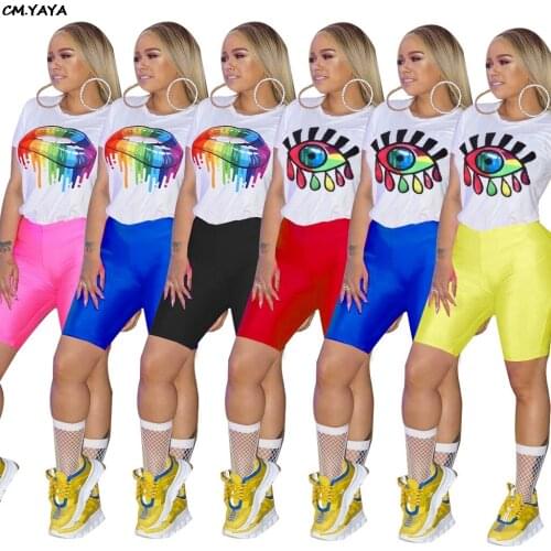 2019 women colorful lip eyes cartoon print o-neck tee top skinny knee length pants suit 2pcs set sporting outfit tracksuit 3693
