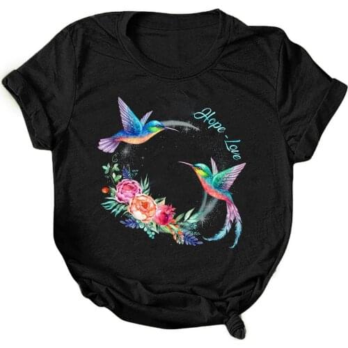 Women Round T-Shirt Blouse Tops Casual Bird And Floral Printing Short Sleeves Solid Color Lovely Girls Shirt