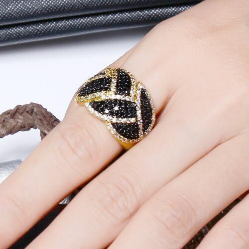 Gold and black color 2 tone rings for women pave jet crystal leaf design bijuteria feminina anelli donna Trendy jewelry ring