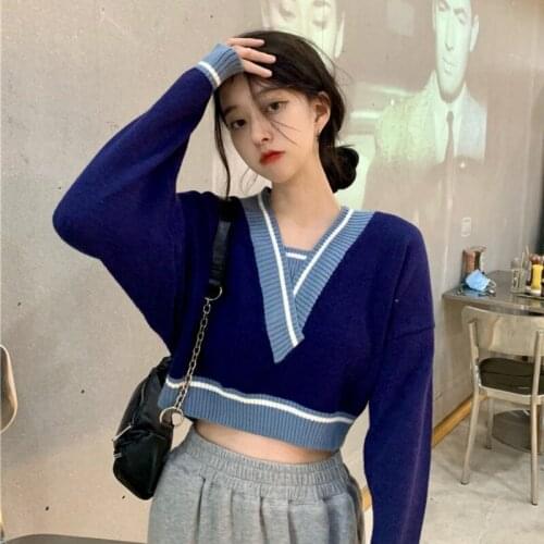 New Style Women Sweaters Pullovers Short Patchwork Jumpers Retro women Sexy Loose Soft All-match Knitted Streetwear Sweet 2021