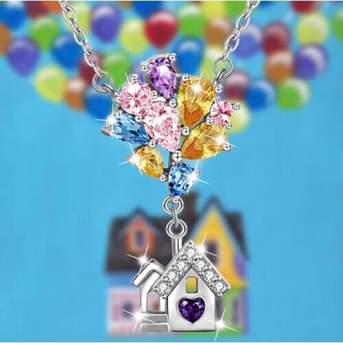UP House Rhinestone Necklaces Women Balloons House Pendant Necklace Room Cute Dainty Charm Romantic Gift Jewelry