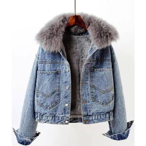 Winter Casual Solid Fur Collar Denim Jacket Female Loose Single Breasted Plus Velvet Thickened Parkas Women