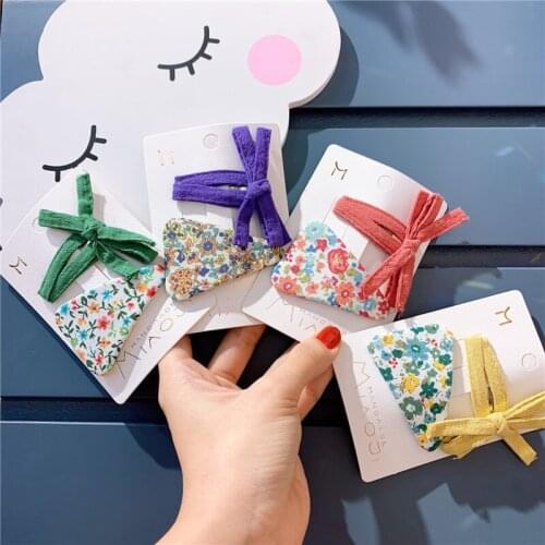 1 Pair Korea Children Simple Fresh Printing Fabric Triangle BB Clip Fashion Girl Princess Colorful Bow Hairpins Hair Accessories