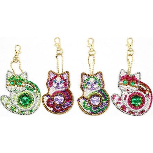4pcs Cat DIY Full Drill Special Shaped Diamond Painting Keychain Pendant Woman Girl Jewelry Keyring Cross Stitch Christmas Gift