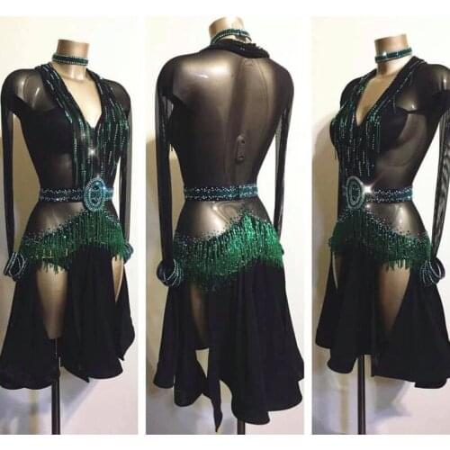 Black sexy see through Latin dance dress Beaded tassel Latin dance competition costume salsa ChaCha Custom-made dance dress