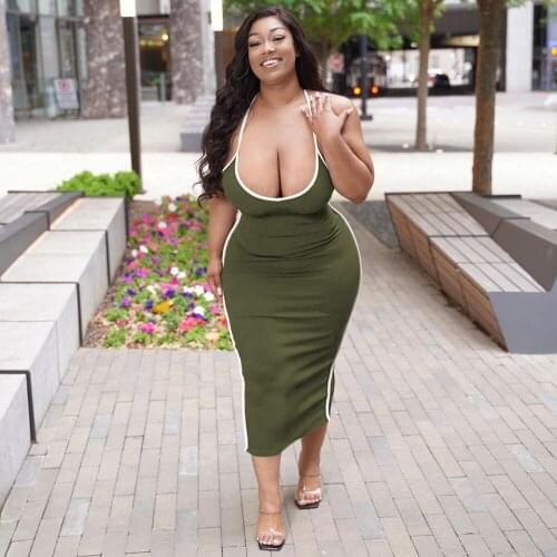 Black Army Spaghetti Strap Plus Size Dress Women Sexy Little Cleavage Backless Split Vestido Elegant Stretchy Dresses XL-4XL